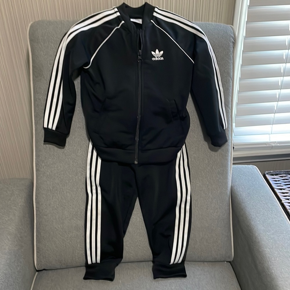 Adidas track suit black and white 3 toddler